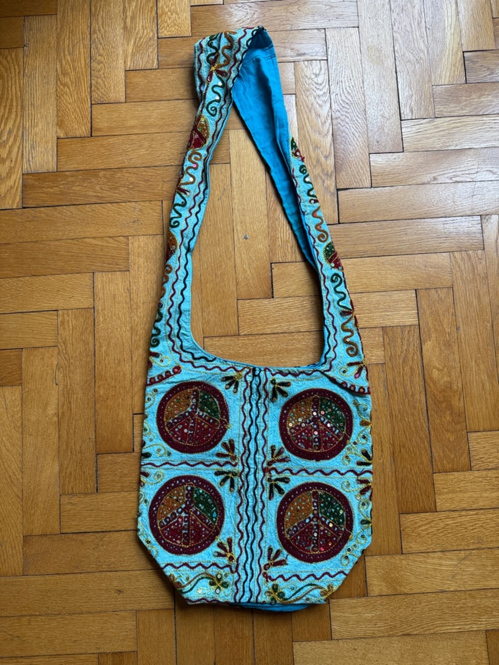 Embellished Turquoise Peace Sign Crossbody Bag with Sequins